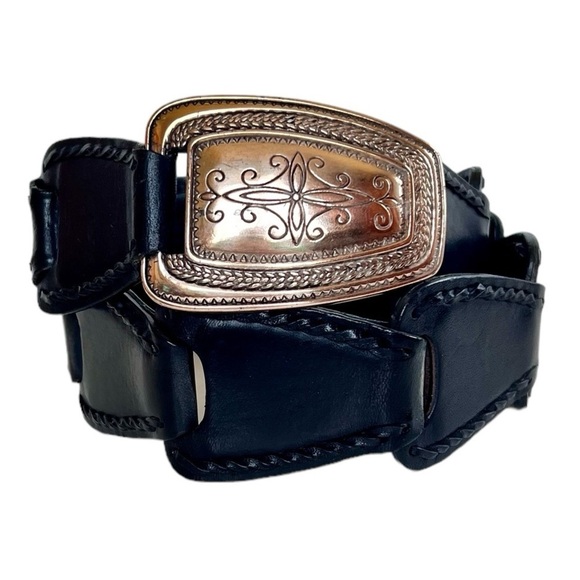 Brighton Accessories - Vintage Brighton Black Hinged Genuine Leather Belt Silver Buckle Western Coastal